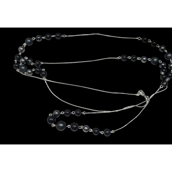 Elegant Opera Station Necklace Black Beads On Silver Tone Snake Chain - Picture 3 of 7